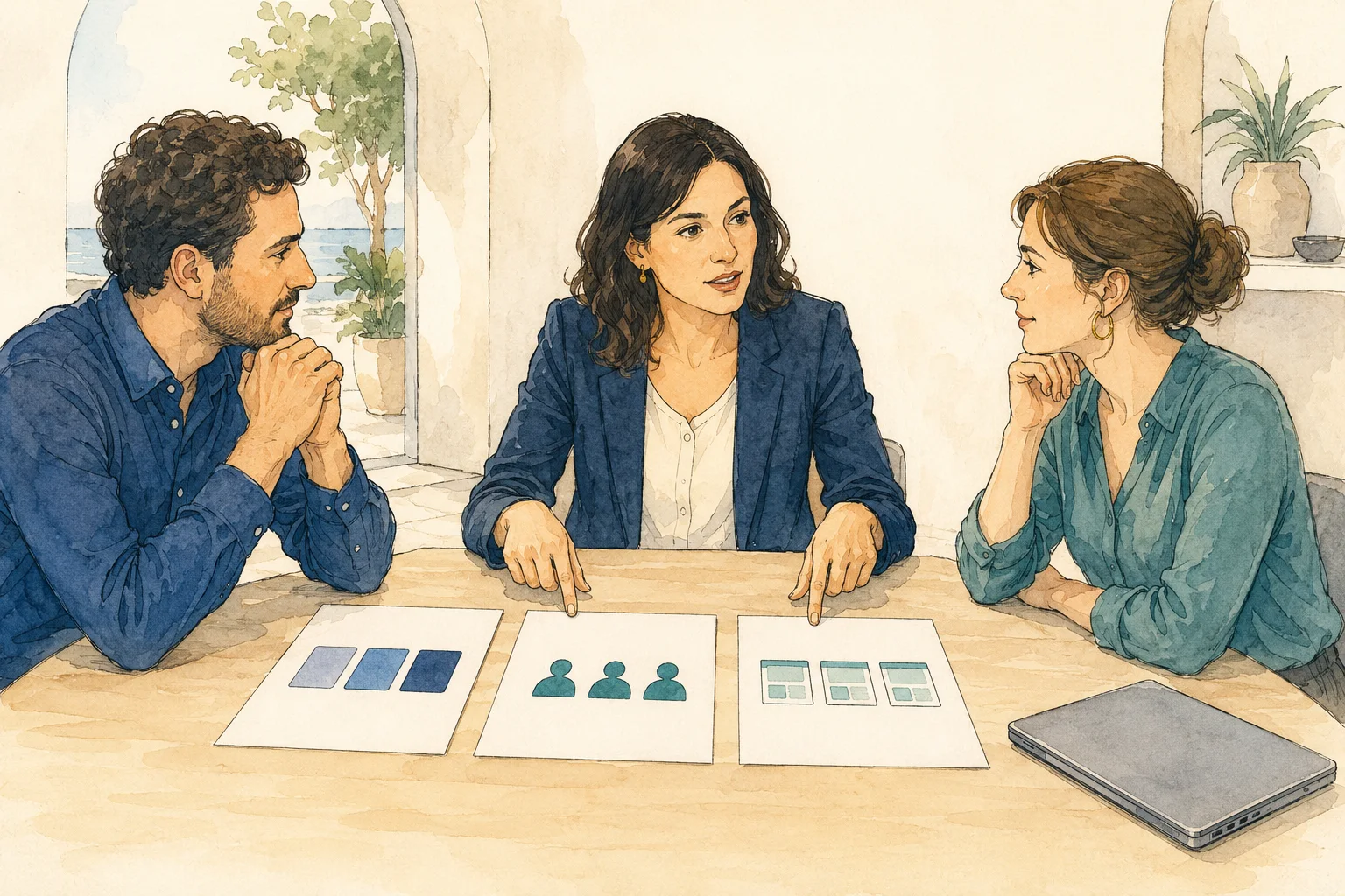 Consultora y clientes organizando el proceso, los usuarios y los sistemas de un proyecto