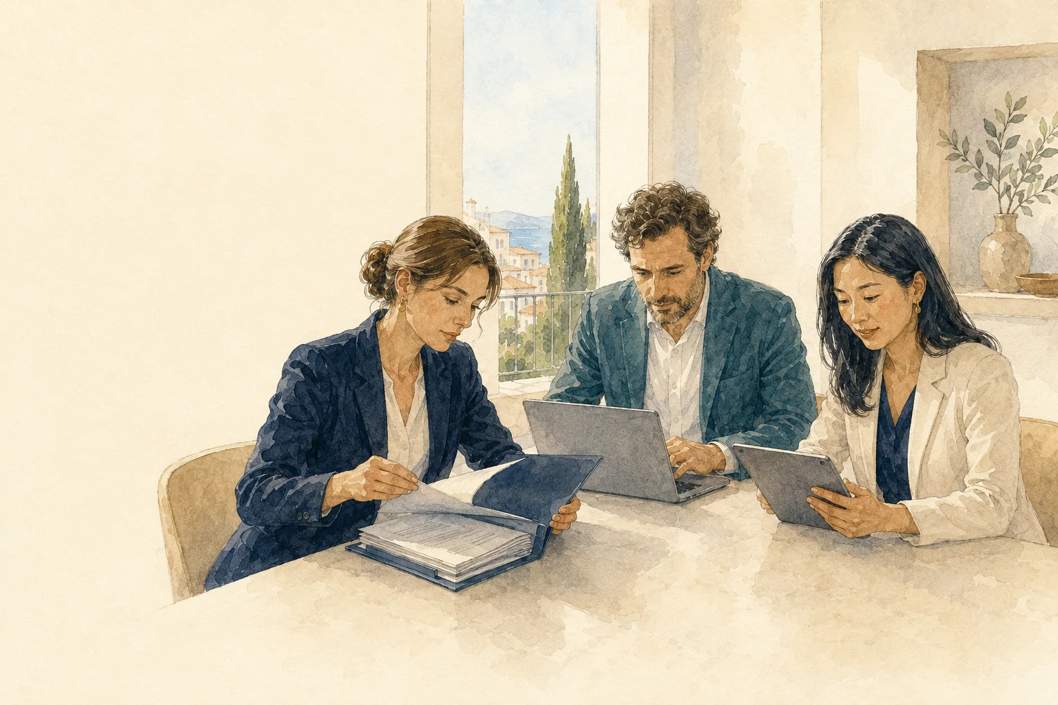 Fachleute arbeiten mit Dokumenten, Unternehmenswissen und kontrollierten Entscheidungen