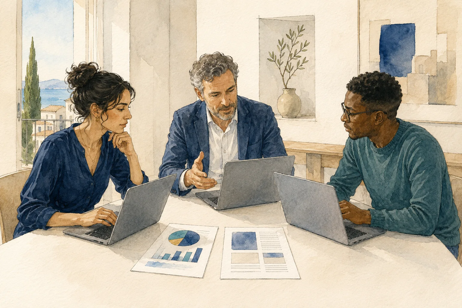 Three professionals working with their laptops and neatly organised documents