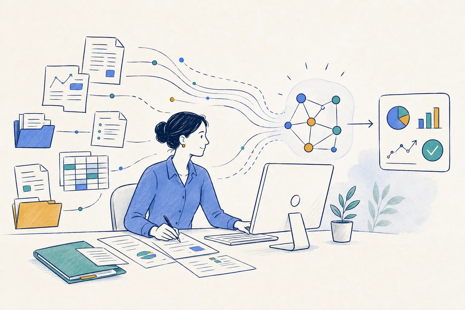 Profesional trabajando con información y conocimiento conectado