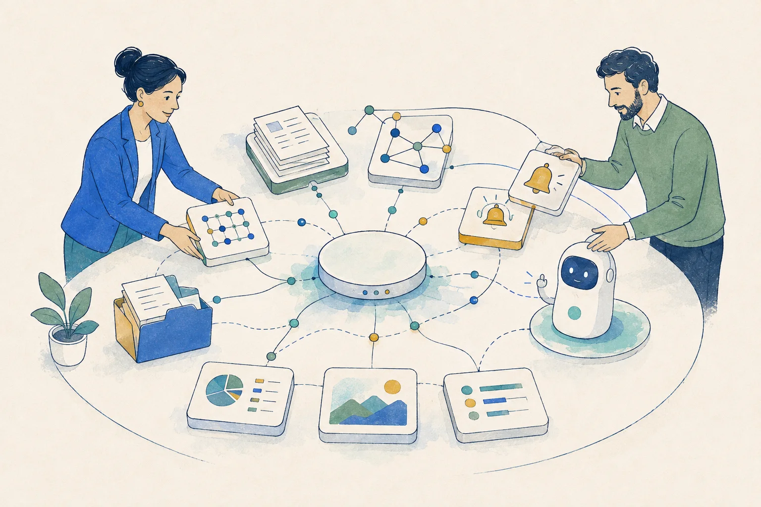 Profesionales combinando capacidades modulares de documentos, conocimiento, indicadores, alertas y agentes